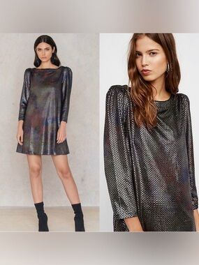 Free People  Black Metallic Iridescent Mini Dress Size XS Vamp Fairy Goth